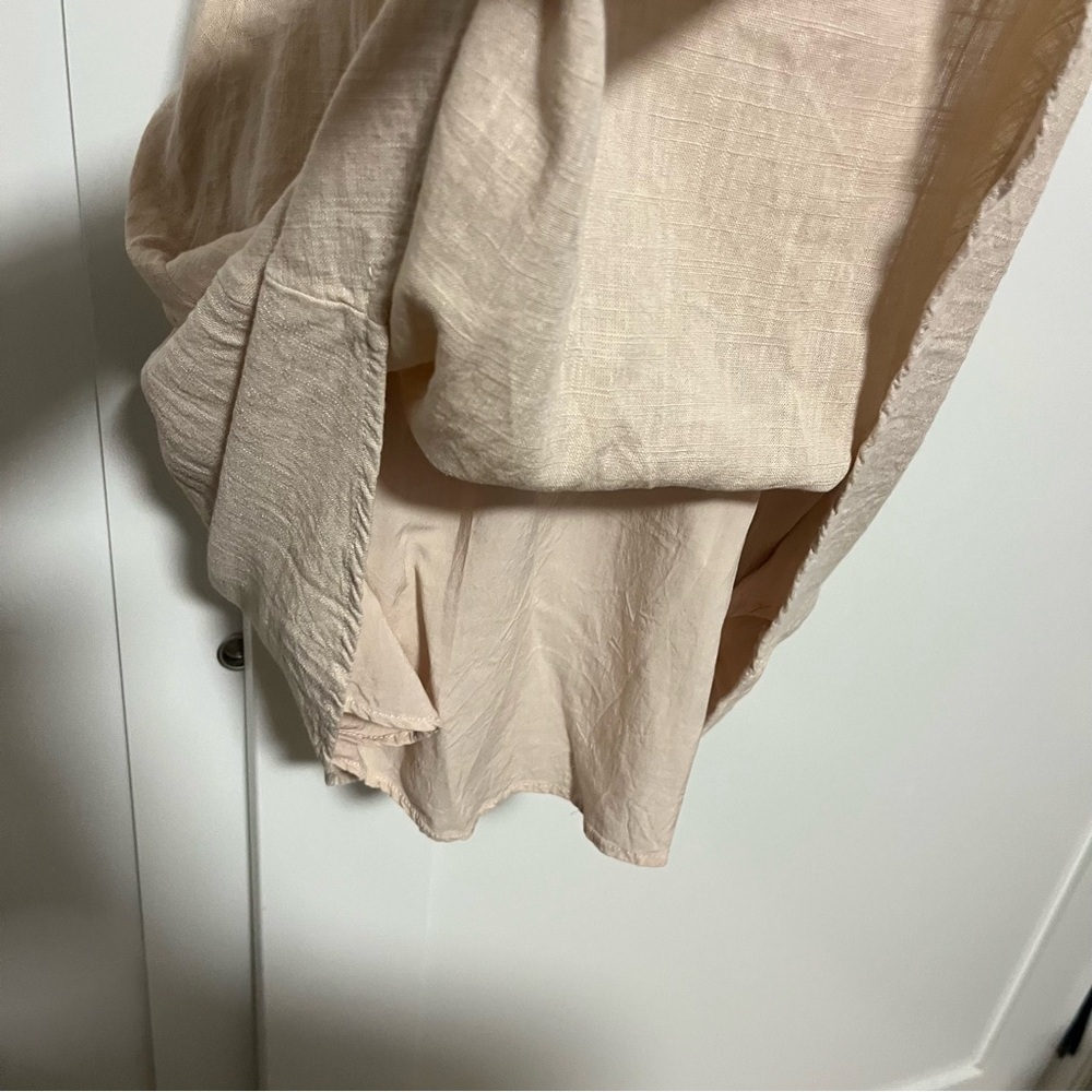 Tan Linen Mini Sun Dress Tie Front Ruffle Sleeves Line Size Small Spring Easter - Picture 4 of 10